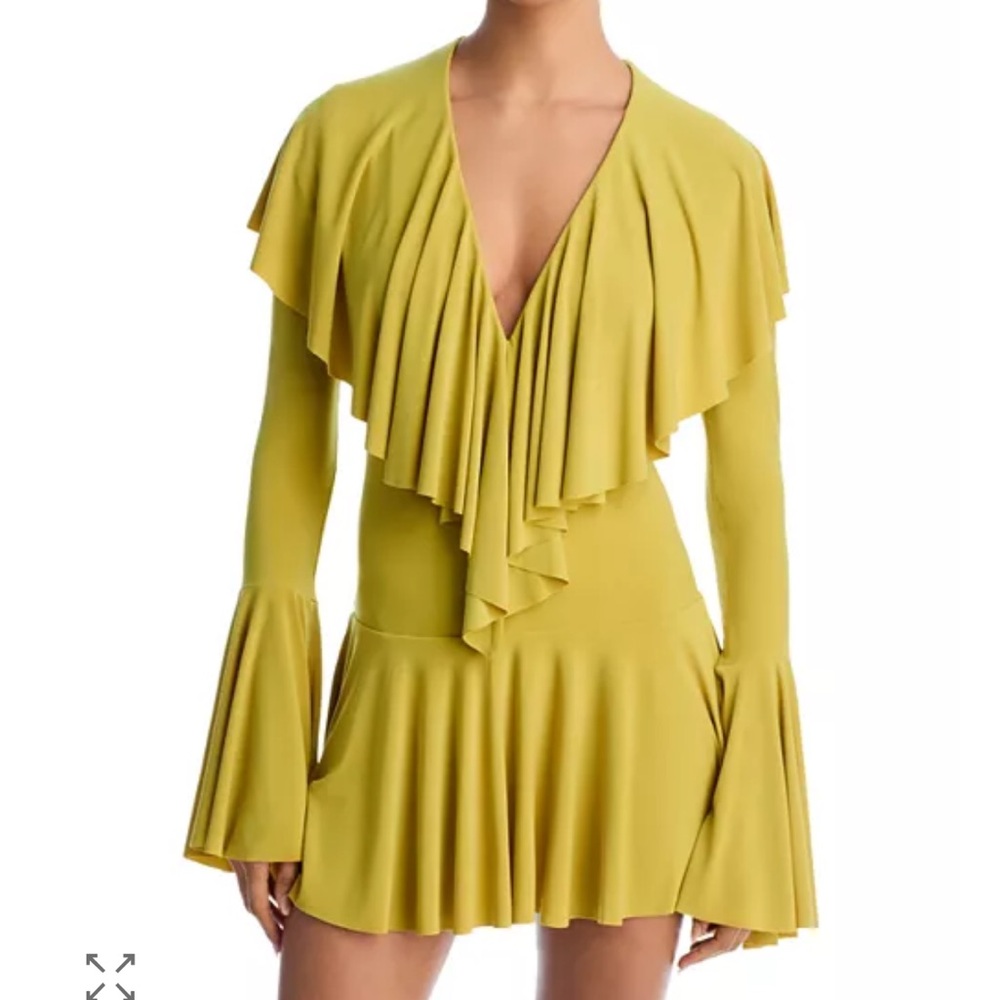Norma kamali long sleeve deep v ruffle mini dress in asparagus